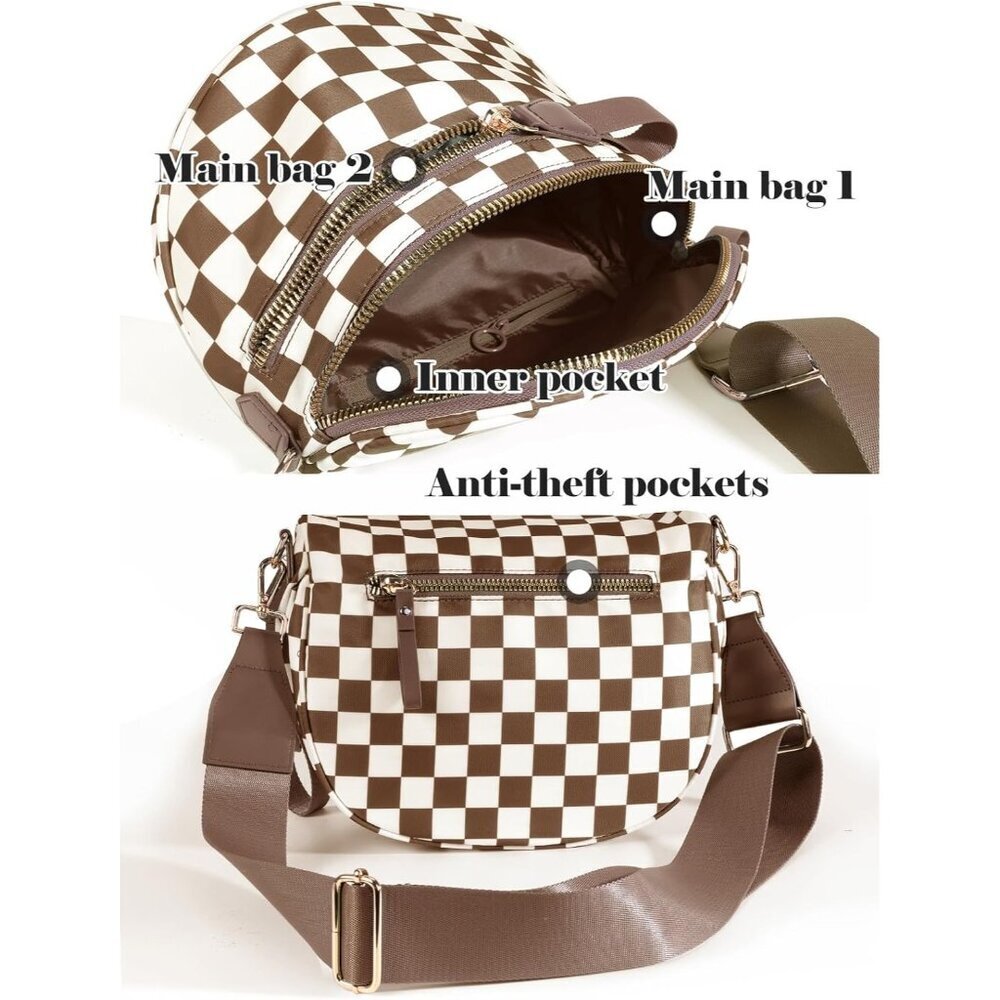 Women Brown Imported Polyester Checkered Crossbody Fanny Packs Belt Bum Bag - Picture 4 of 6